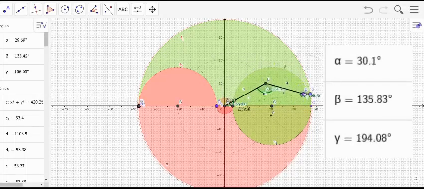 The GeoGebra simulation of the solver with the linkage inside the reachable region and the three output angles
