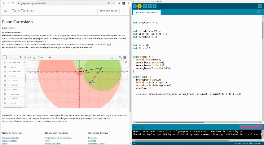 The GeoGebra simulation next to the Arduino receiver sketch
