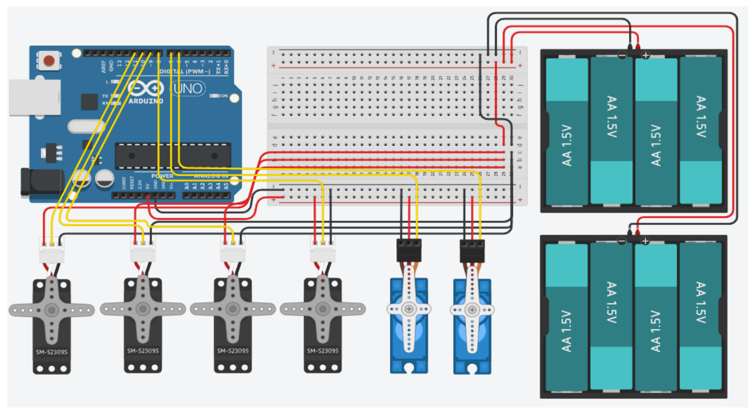 Circuit diagram drawn in Tinkercad with the Arduino, six servos and battery packs
