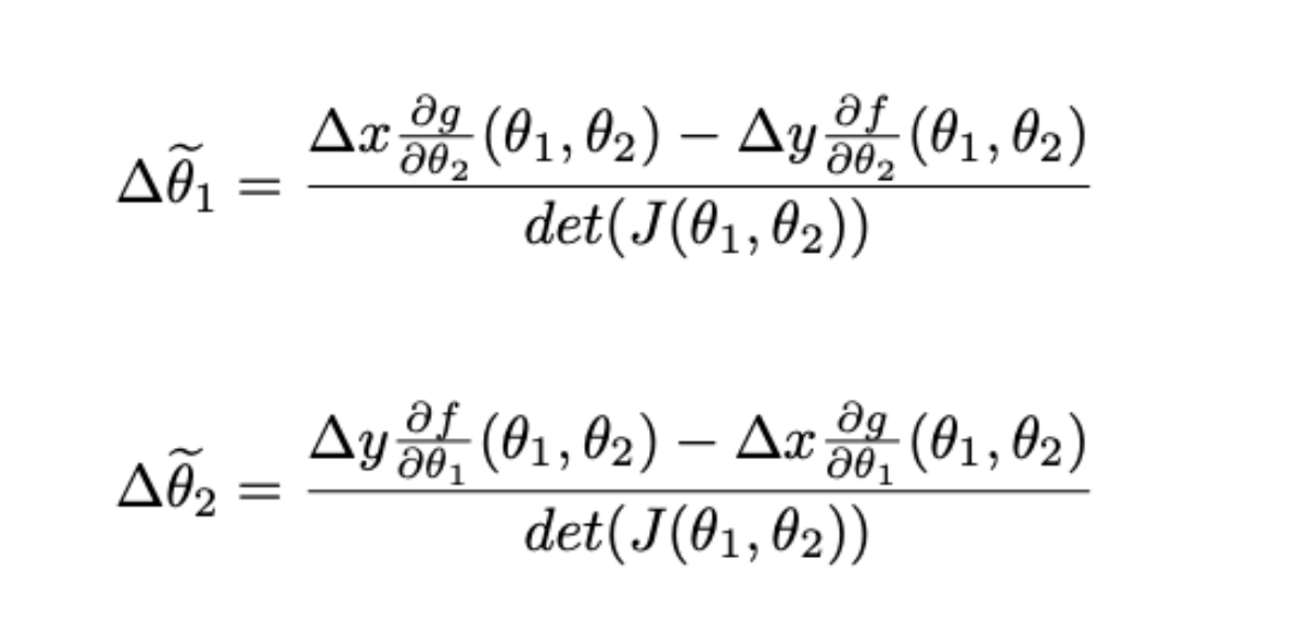 The derivative inverse kinematic equations for the joint angle changes, solved with Cramer's rule