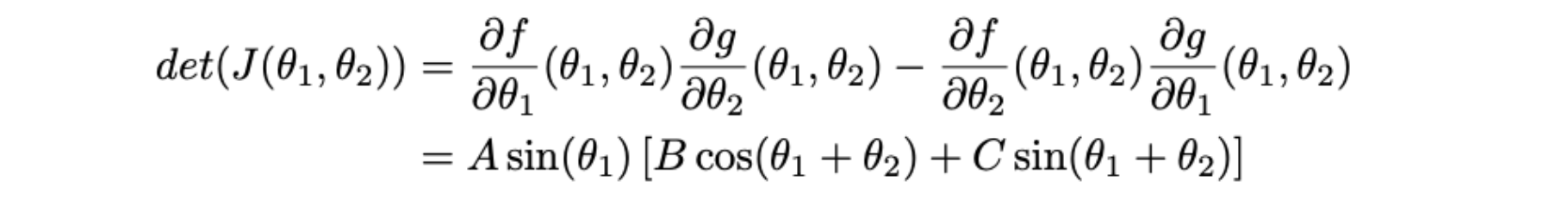 The determinant of the Jacobian expanded from the partial derivatives of the forward kinematic functions