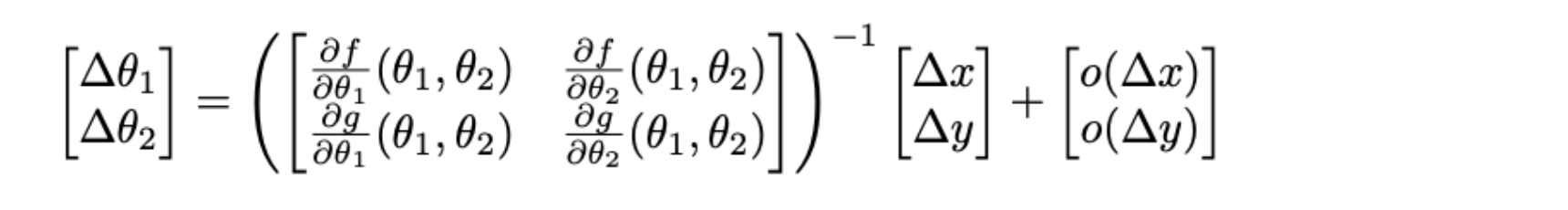 The change in joint angles written as the inverse Jacobian of the forward kinematics times the change in position