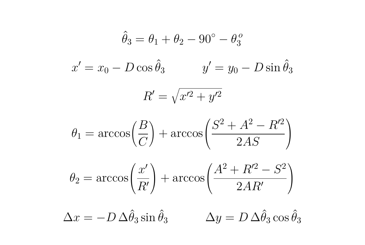 The pivoting equations: the hand angle, the new wrist coordinates, the trigonometric solution with the wrist radius, and the derivative displacement