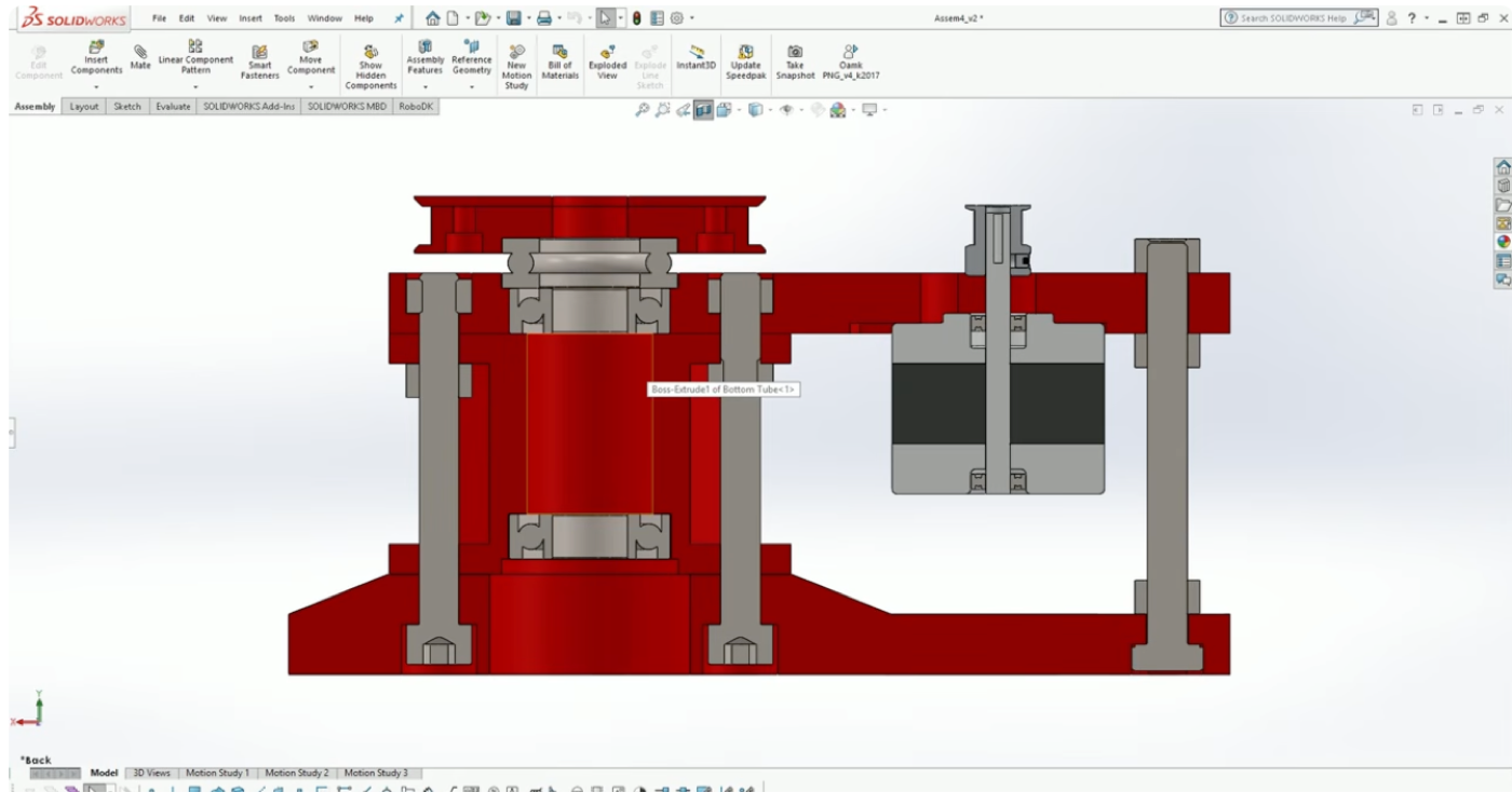 Section view of the base joint in SolidWorks: the aluminium rod on bearings inside the base, with the stepper mounted beside it