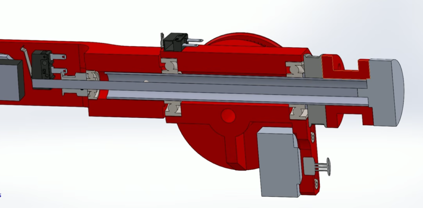 Section through the forearm: the thin aluminium rod running the length of the forearm from the rear NEMA 11 to the wrist