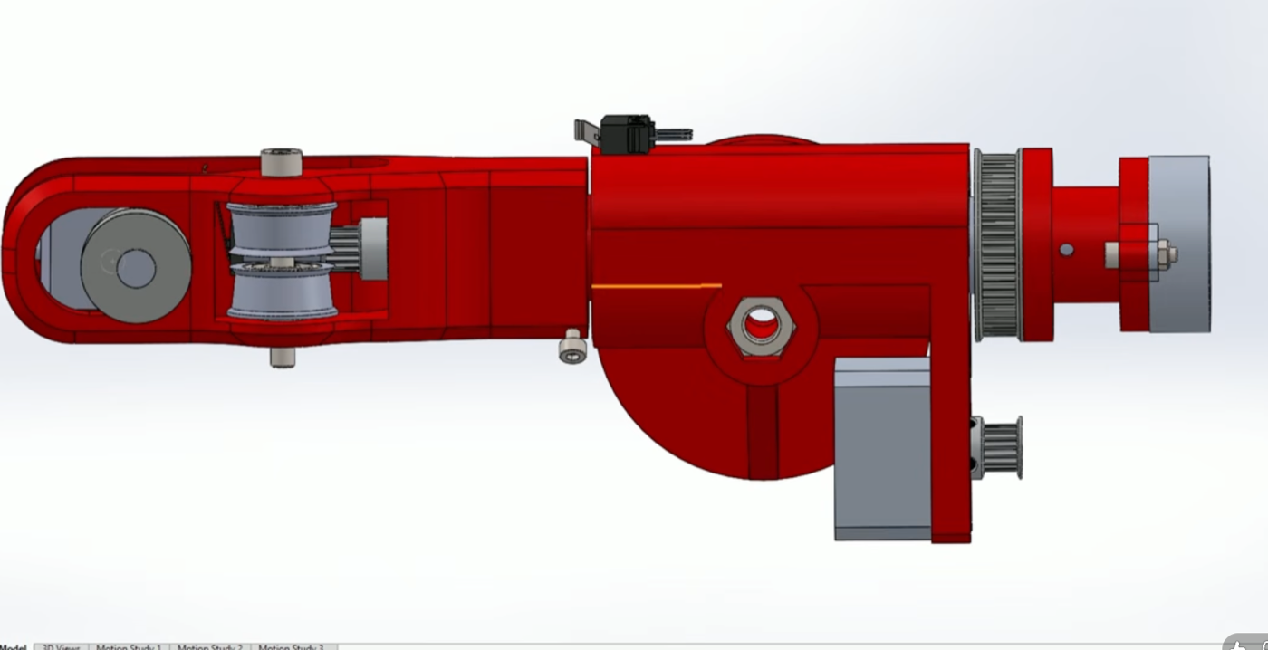 Side view of the forearm and elbow in CAD, with the elbow stepper, belt and the wrist joint
