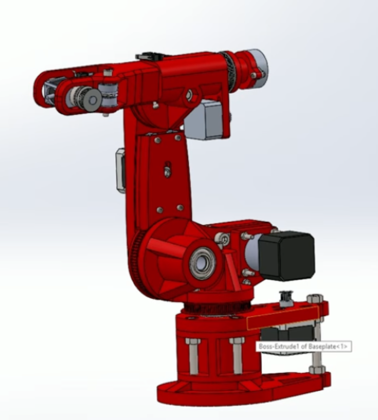 The full 6-axis arm assembly in SolidWorks, in its home stance