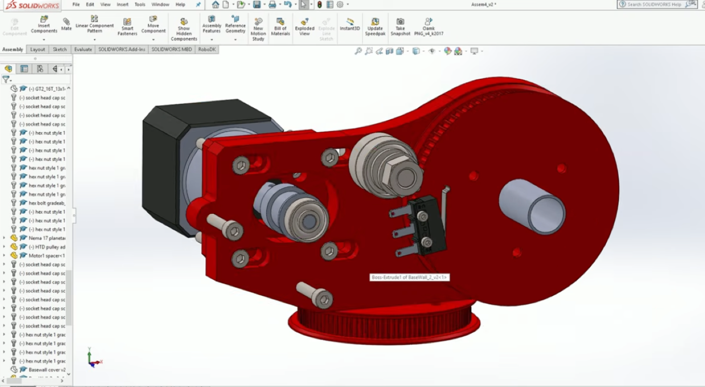 CAD view of the shoulder joint: geared NEMA 17, 16-tooth pulley, 608 idlers, 80-tooth pulley and limit switch