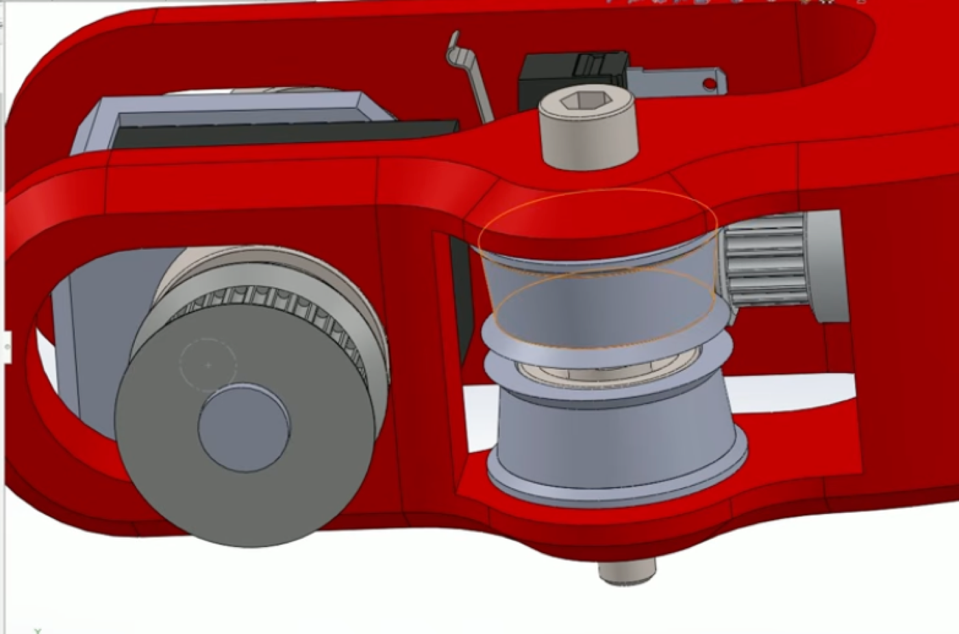 CAD close-up of the wrist: the belt twisted 90° over two chamfered idlers onto the 32-tooth pulley, with a limit switch