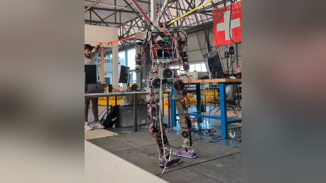 Student-built humanoid robot taking steps on a gantry